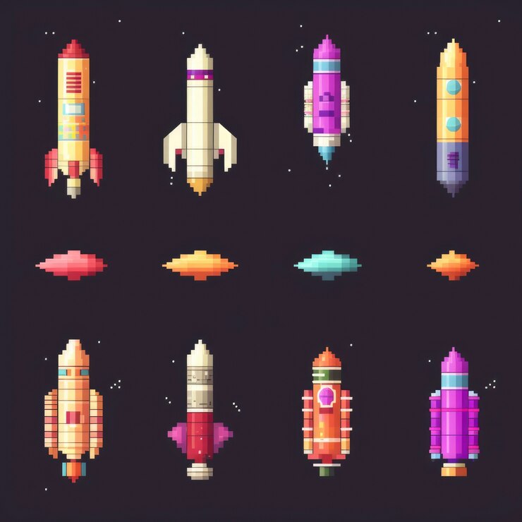 Foto grátis ativos de jogos de foguetes de 8 bits