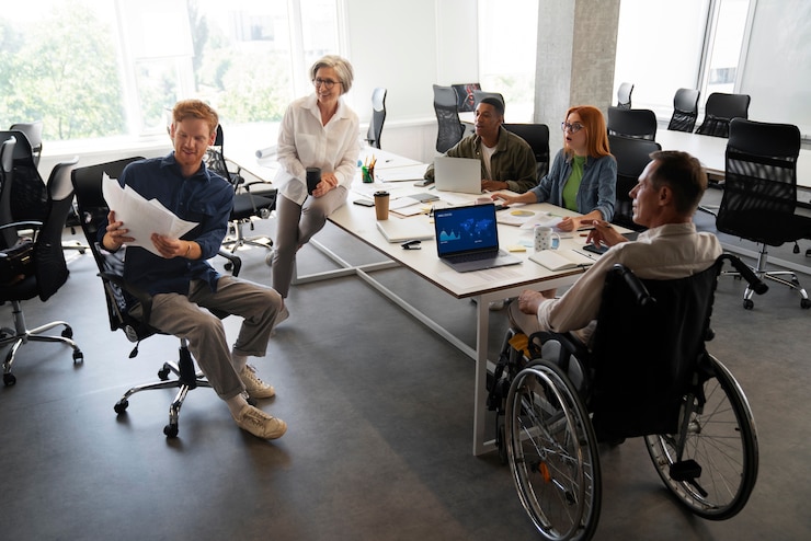 Foto grátis atmosfera inclusiva do espaço de trabalho em um trabalho de escritório