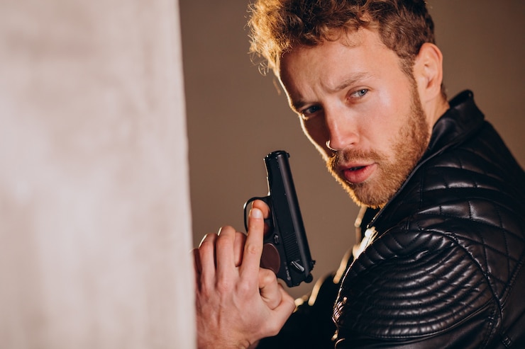 Foto grátis ator de homem bonito posando em estúdio com arma