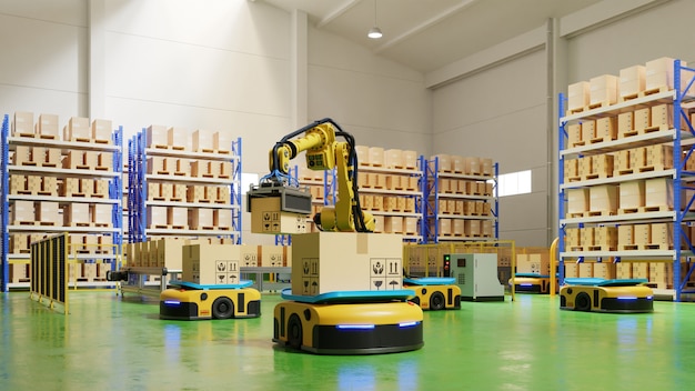Automação de fábrica com agv e braço robótico no transporte para aumentar o transporte com segurança.