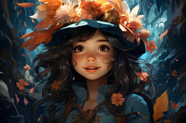 aventura floral menina ilustração retrato