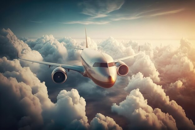 Avião comercial voando acima das nuvens