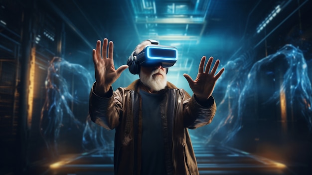 Avô com óculos VR na cidade futurista