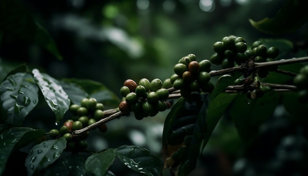 Baga de café fresco em exuberante galho verde ao ar livre gerado por ia