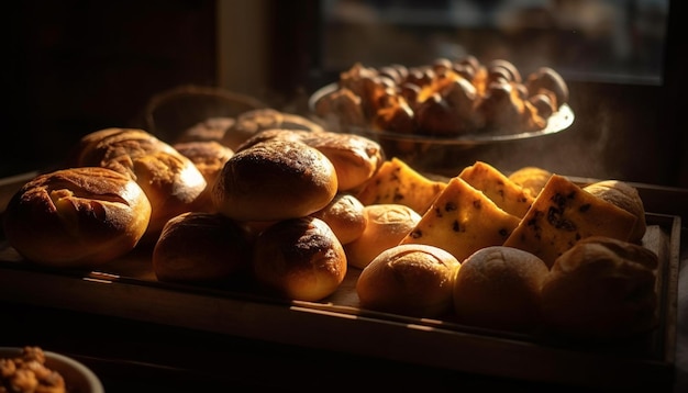 Foto grátis baguete de pão recém-assado e indulgência de muffin gerada por ia