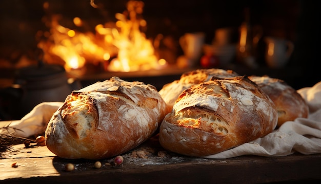 Foto grátis baguete recém-cozido em mesa de madeira rústica pronta para comer refeição gourmet gerada por inteligência artificial