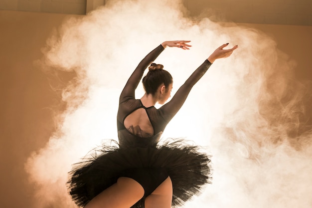 Foto grátis bailarina de ângulo baixo posando em fumaça