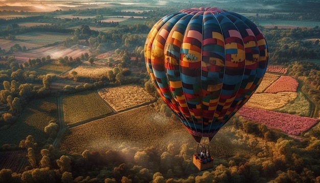 Foto grátis balão de ar quente multicolorido flutua sobre montanhas geradas por ia