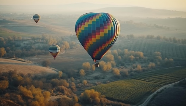 Foto grátis balão de ar quente multicolorido voa alto sobre a paisagem montanhosa gerada por ia