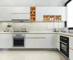 Foto grátis balcão de cozinha moderno de renderização 3d com design branco e biege