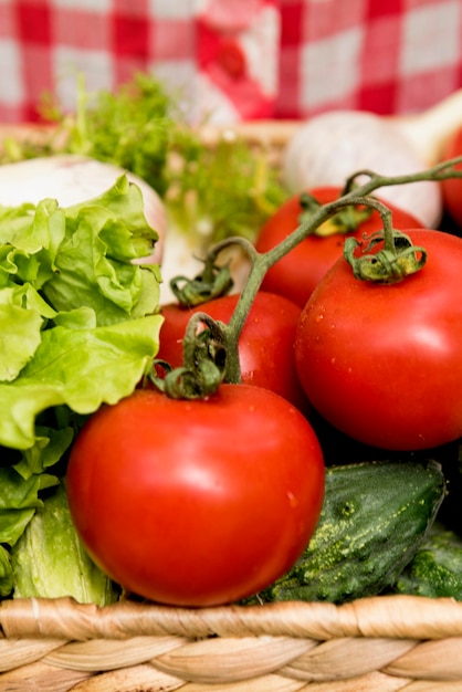 Balde de close-up com tomates e pepinos