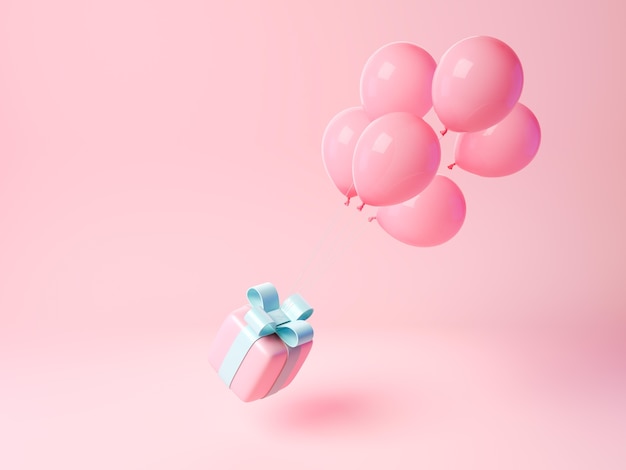 Balões 3D levantando caixa de presente