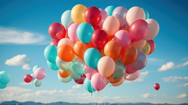Balões coloridos em frente a um céu azul claro