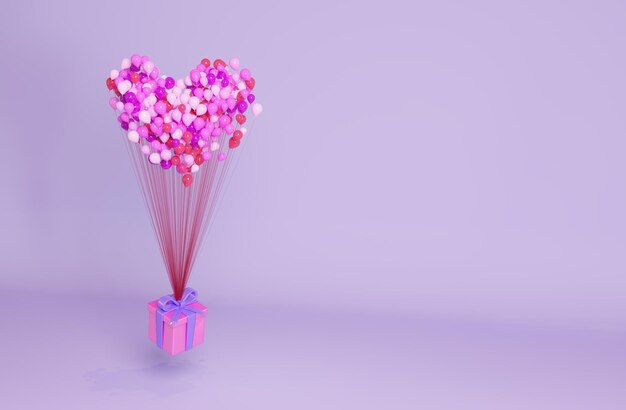 Balões e caixa de presente 3d caixa de presente com balões em forma de coração banner para o dia dos namorados
