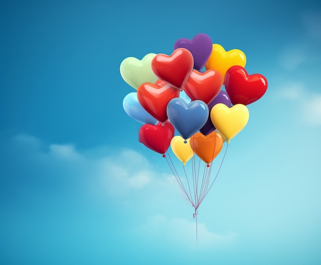 Balões em forma de coração flutuando no céu