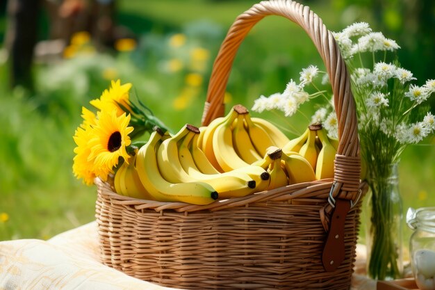 Foto grátis bananas cruas e flores em cesto