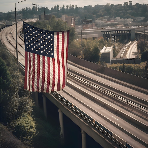 Foto grátis bandeira americana na ponte sobre a rodovia conceito de liberdade e viagem