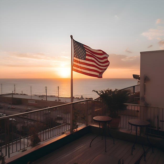 Foto grátis bandeira americana na varanda de um restaurante com vista para o mar ao pôr do sol