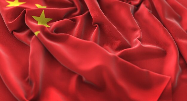 Bandeira da China Ruffled Beautifully Waving Macro Close-Up Shot