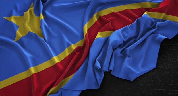 Bandeira da República Democrática do Congo enrugada no fundo escuro 3D Render