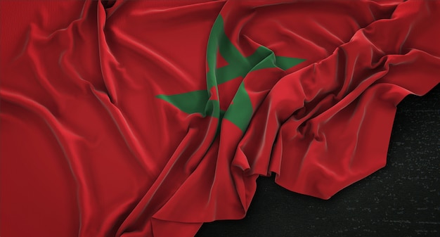 Bandeira de Marrocos enrugada no fundo escuro 3D Render