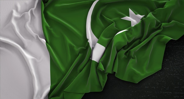 Bandeira do Paquistão enrugada no fundo escuro 3D Render