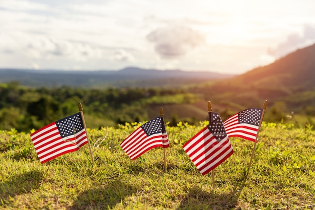 Bandeiras americanas na grama