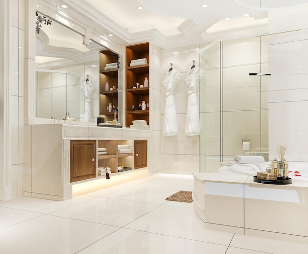 banheiro moderno de renderização 3D com decoração de azulejos de luxo