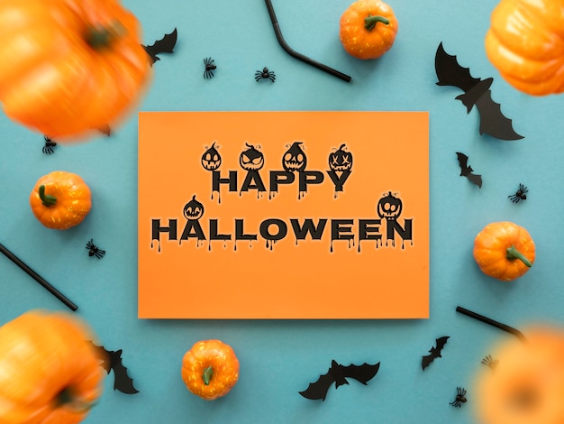 Banner de halloween com abóboras e morcegos
