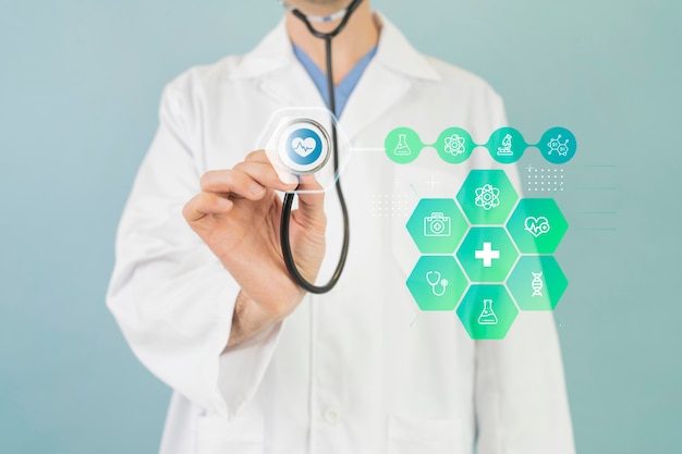 Banner médico com médico segurando estetoscópio