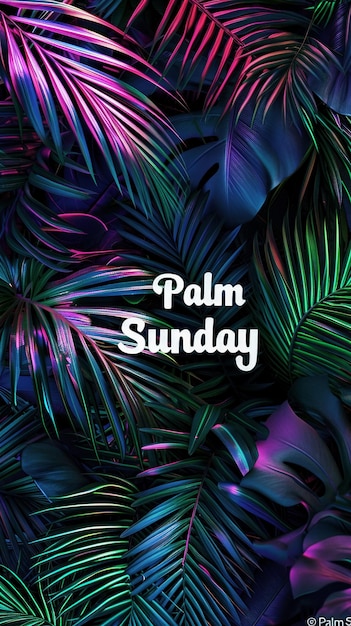 Banner vertical feito de folhas de palmeira entrelaçadas em cor neon com inscrição Domingo de Ramos backg