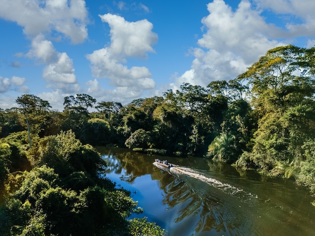 Barco a motor no lago cercado por belas árvores verdes sob um céu nublado