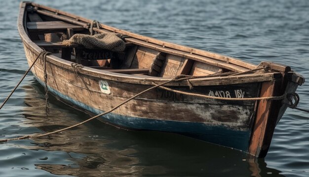 Barco a remo de madeira preso à cena tranquila do cais gerada por IA