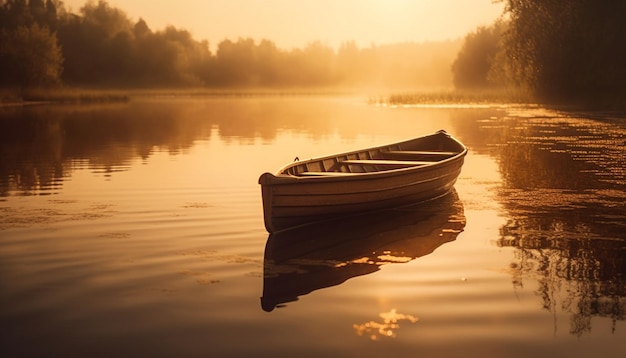 Barco a remo desliza em um lago tranquilo ao pôr do sol gerado por IA