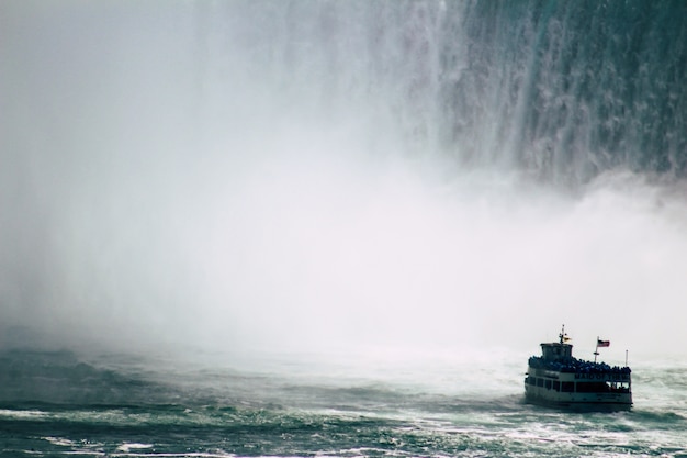 Barco navegando em caídas de ferradura