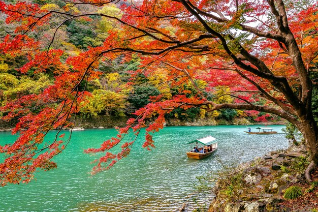Barqueiro rebatendo o barco no rio. Arashiyama na temporada de outono ao longo do rio em Kyoto, Japão.
