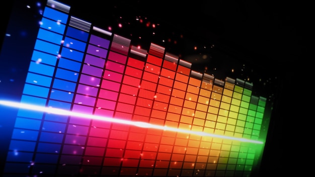 Barra de equalização de música. equalizador de forma de onda de áudio em fundo preto de tela. música ou onda sonora no monitor. resumo do visualizador de som colorido. gráfico de música de espectro de gradiente. brilho gráfico digital no escuro.