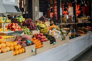 Foto grátis barracas de frutas frescas no mercado de san miguel