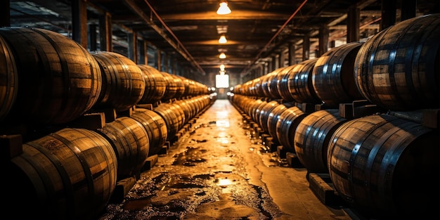 Foto grátis barris de uísque e bourbon envelhecendo em uma instalação de armazenamento