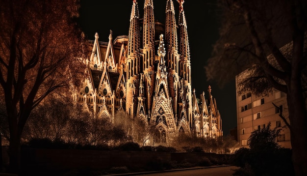 Basílica gótica iluminada por lanternas ao entardecer geradas por ia