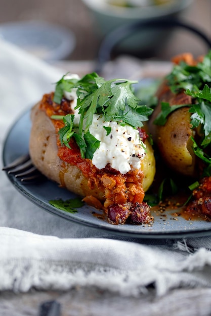 Foto grátis batata assada com legumes e queijo cottage no topo