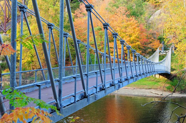 Bear Mountain com o Rio Hudson e ponte no outono com folhagem colorida.