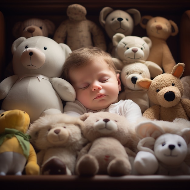 Foto grátis bebê fofo dormindo com brinquedos