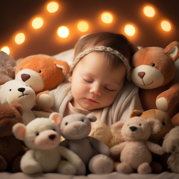 Foto grátis bebê fofo dormindo com brinquedos