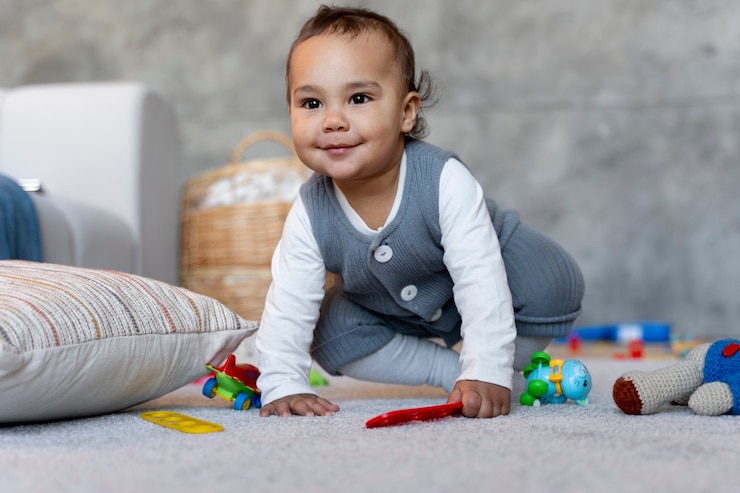 Foto grátis bebê fofo engatinhando e brincando no chão com brinquedos