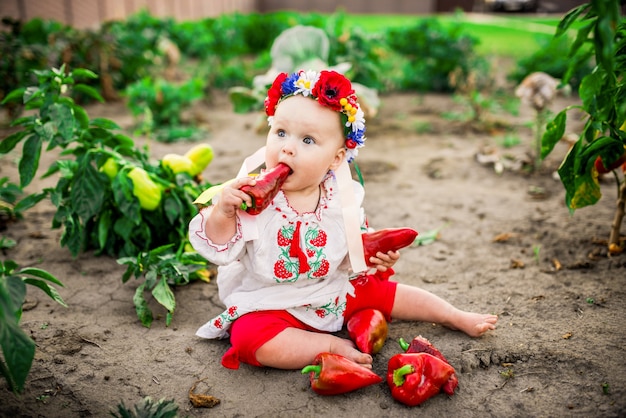 Bebé pequeno com uma grande pimenta vermelha senta-se no quintal