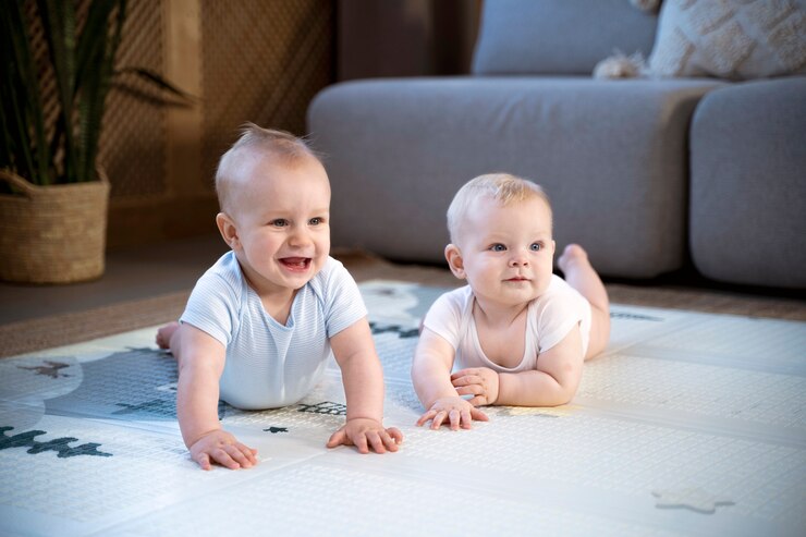 Foto grátis bebês engatinhando e aprendendo a andar juntos