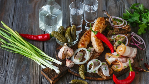 Bebida alcoólica com banha, peixe salgado e legumes, salsichas na parede de madeira. Álcool bebida artesanal pura e petisco tradicional, tomate, cebola, pepino. Espaço negativo. Comemorando comida e deliciosa.