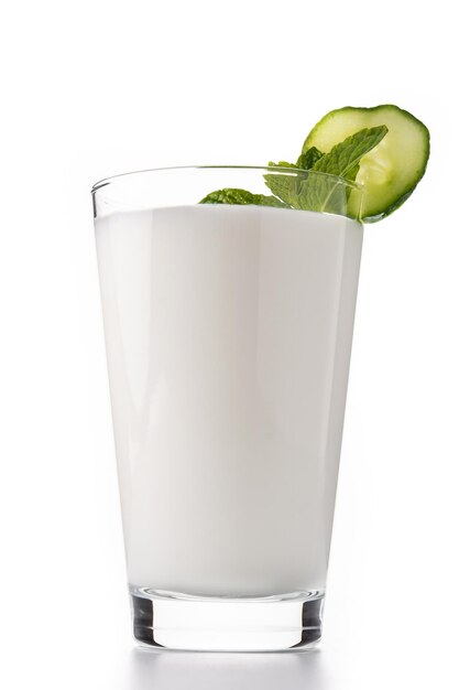 Bebida ayran com hortelã e pepino em vidro isolado no fundo branco