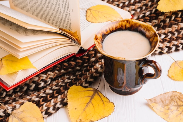 Bebida de close-up e folhas perto de cachecol e livro